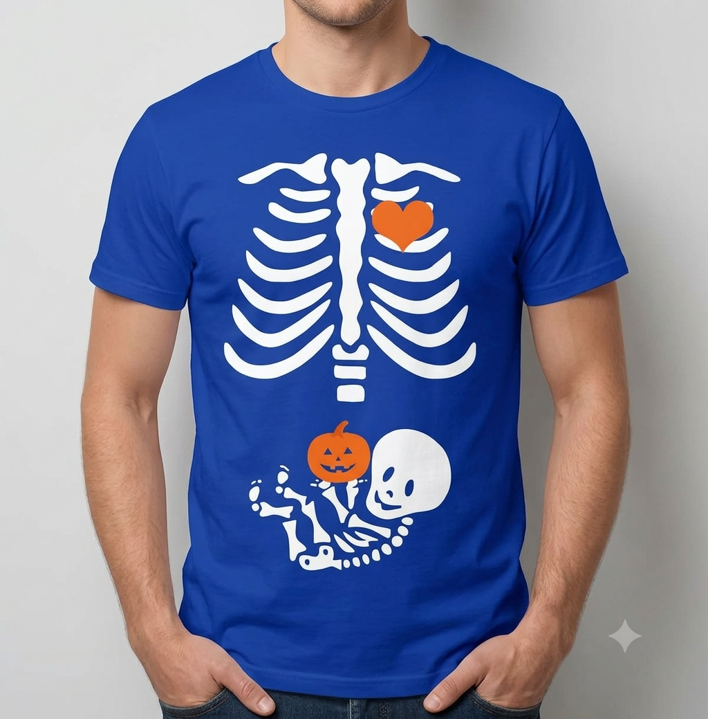 Halloween Skeleton Baby Rib Cage Maternity T-Shirt – Funny Pregnant Pumpkin Retro Spooky Unisex Graphic Tee-Pasimax
