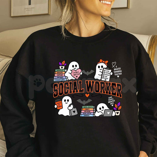 Halloween Social Worker Sweatshirt | Cute Ghost Social Work Crewneck-Pasimax