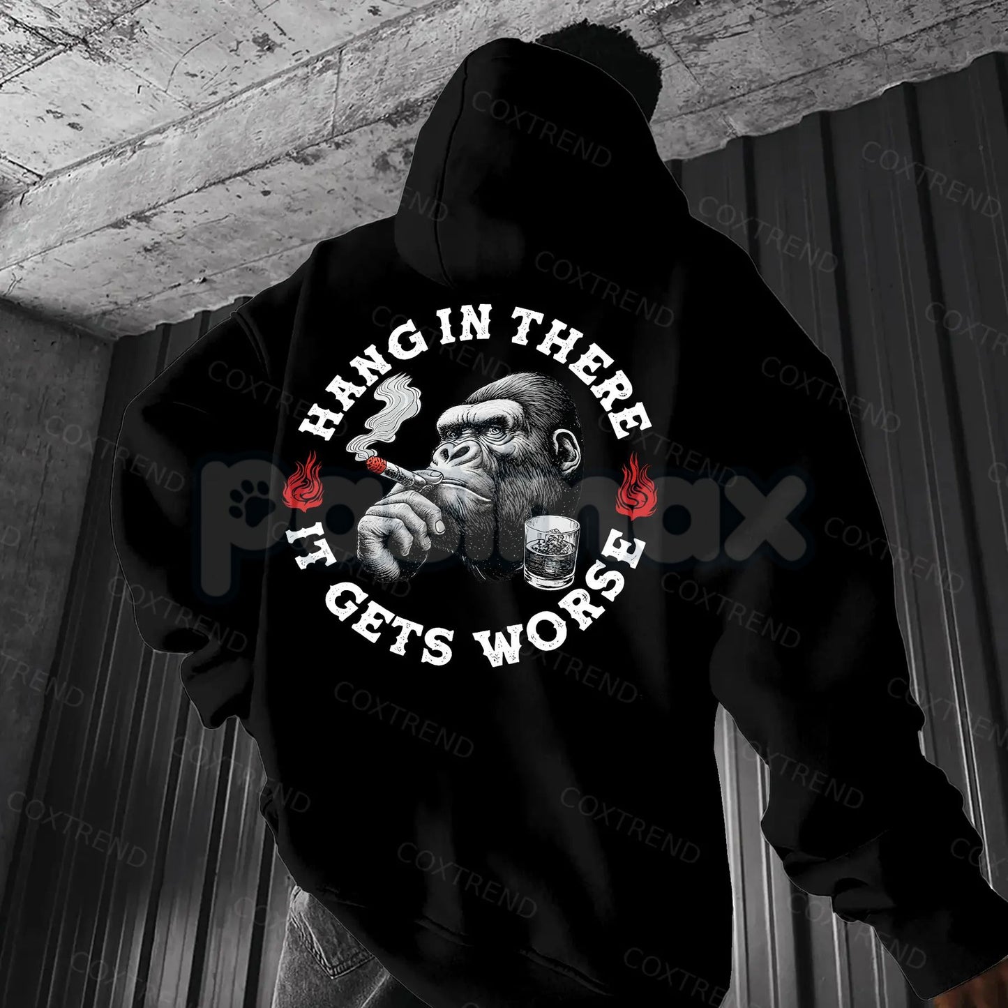 "Hang In There It Gets Worse" Monkey Hoodie – Sarcastic Nihilist Humor Pullover, Funny Nihilism Ape Graphic, Unisex-Pasimax