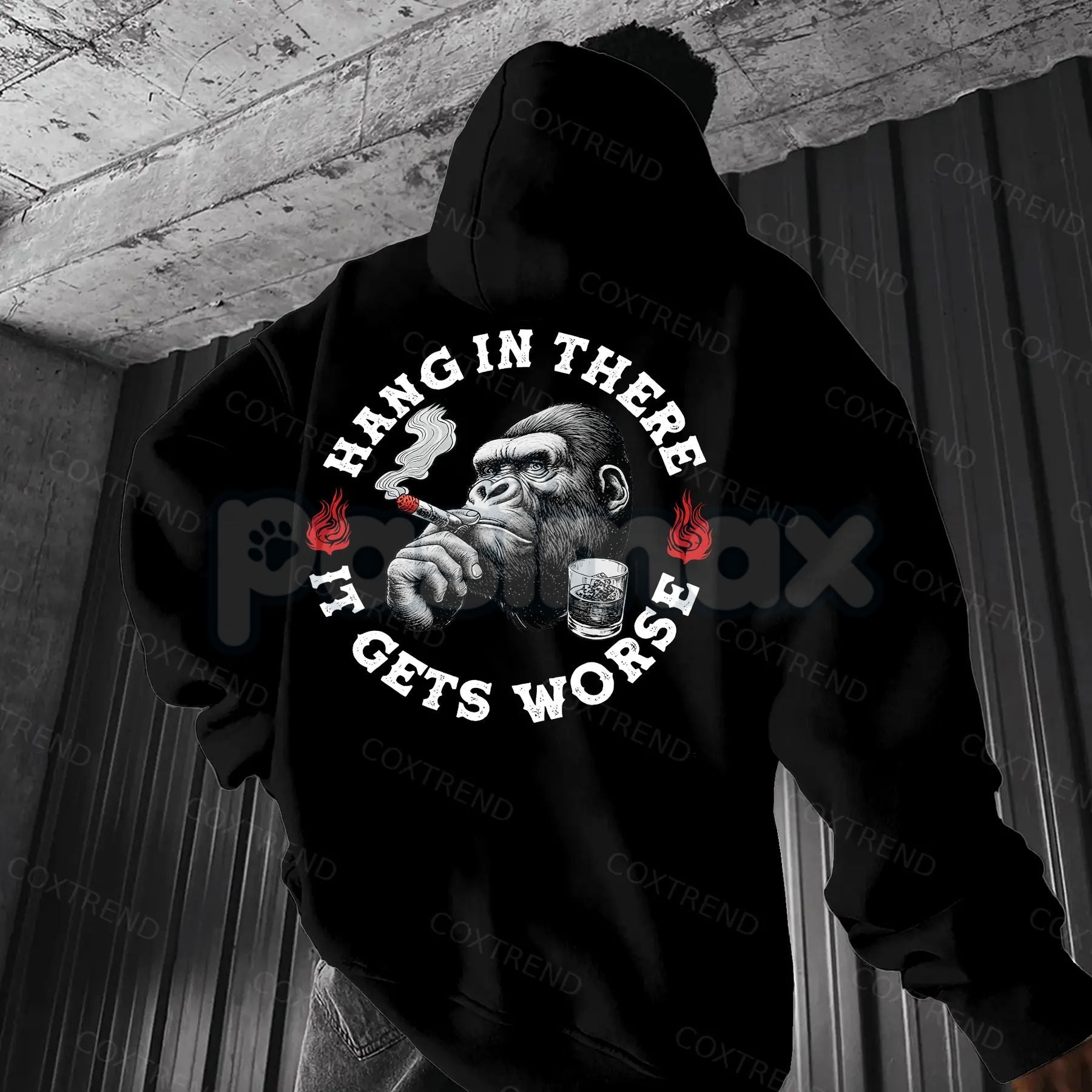 "Hang In There It Gets Worse" Monkey Hoodie – Sarcastic Nihilist Humor Pullover, Funny Nihilism Ape Graphic, Unisex-Pasimax