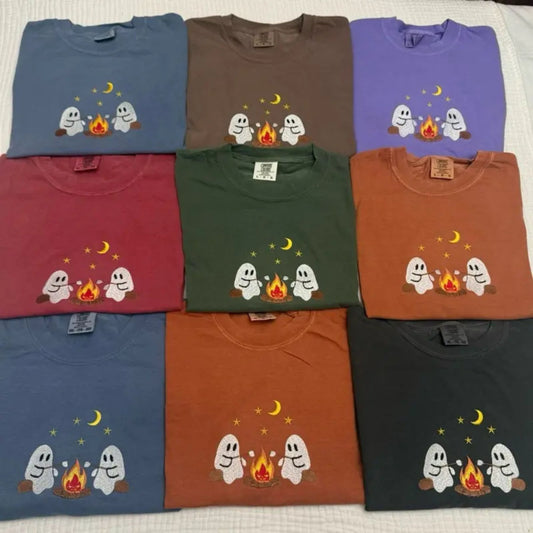 Haunted Campsite Embroidered Comfort Colors T-Shirt – Unique Halloween Ghost Tee-Pasimax