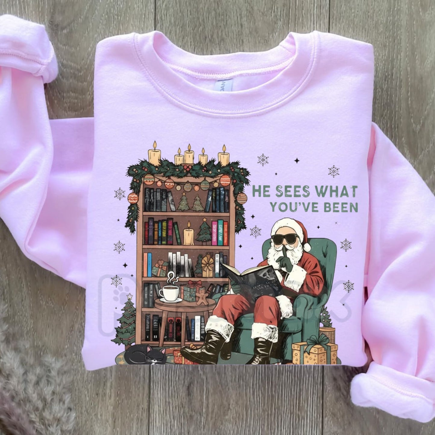 He Sees What You've Been Reading Shirt Sweatshirt | Funny Book Lover Holiday Jumper | Santa Surveillance Reading Gift-Pasimax