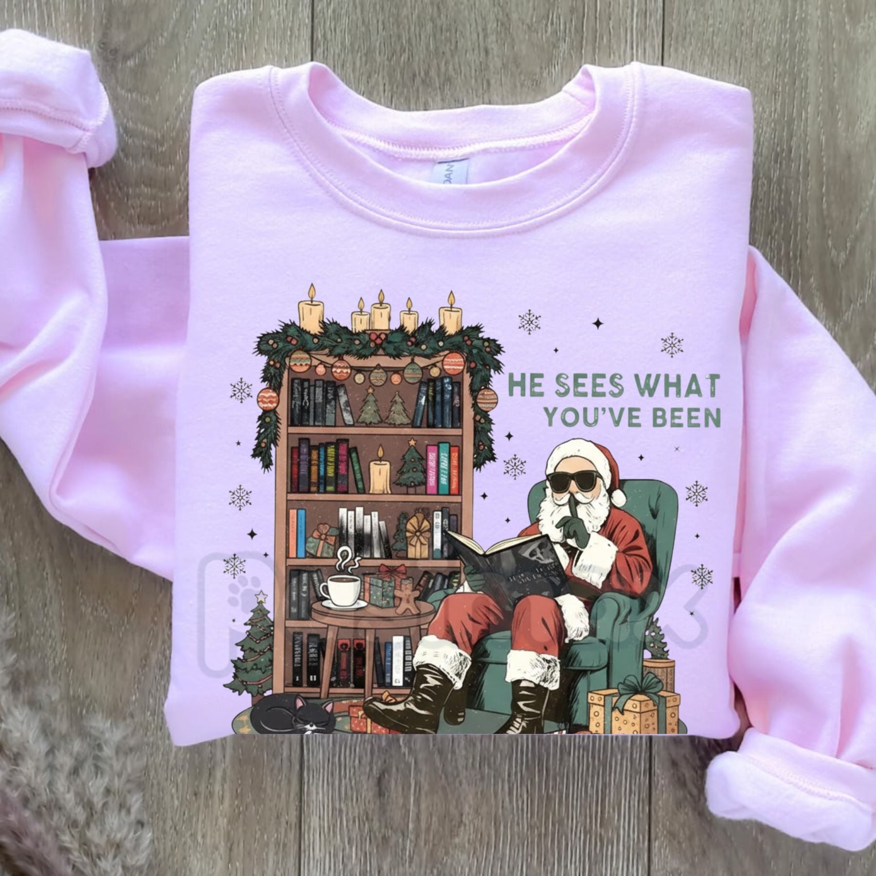 He Sees What You've Been Reading Shirt Sweatshirt | Funny Book Lover Holiday Jumper | Santa Surveillance Reading Gift-Pasimax