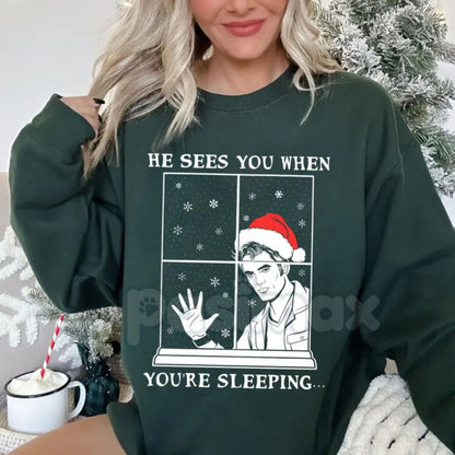 He Sees You When You're Sleeping Christmas Shirt | Funny Creepy Santa Surveillance Jumper | Dark Humor Holiday Crewneck | Naughty List Gift-Pasimax