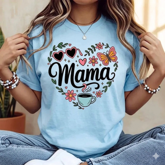 Heart Flower Butterfly & Coffee "Mama" T-Shirt – Whimsical Botanical Graphic Tee, Remastered Heavy Cotton Soft Life Top, Soft Lived-In Heavyweight Motherhood Shirt, Made in USA-Pasimax