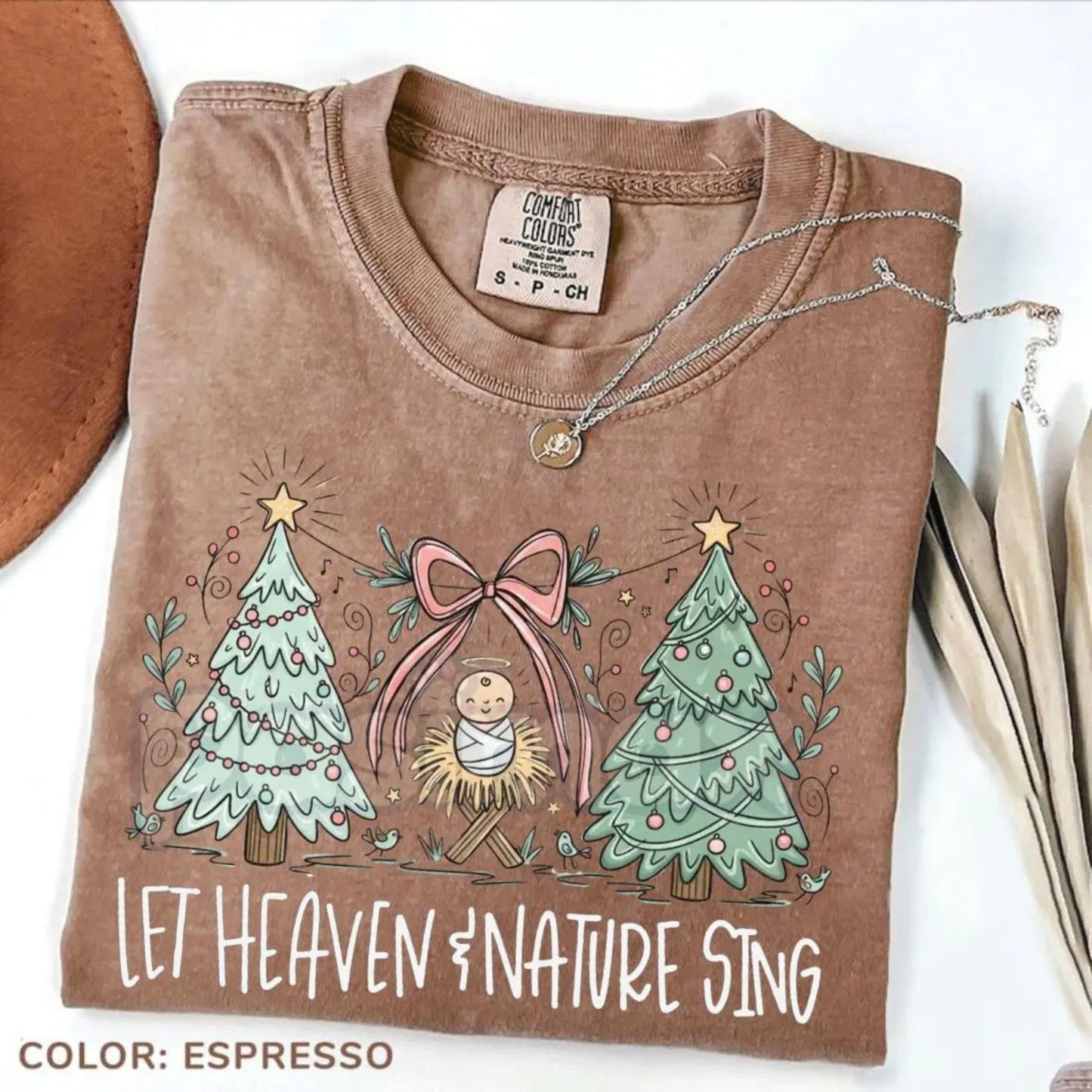'Heaven and Nature Sing' Comfort Colors® T-Shirt – Whimsical Christmas Nativity Bow Trees Tee, Cozy Holiday Gospel Shirt-Pasimax