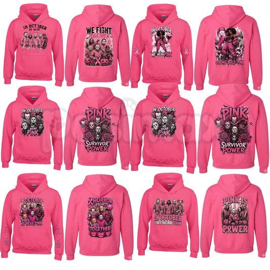 Heliconia Horror October Hoodie – In October We Wear Pink Scary Movie Character Pumpkin Bat Graphic Pullover, Halloween Breast Cancer Awareness Sweatshirt-Pasimax