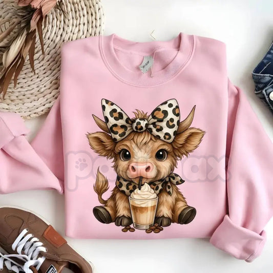 Highland Cow Iced Coffee Sweatshirt | Cute Cow with Leopard Bow & Scarf Jumper | Trendy Cattle Lover Gift | Cozy Farmhouse Crewneck-Pasimax