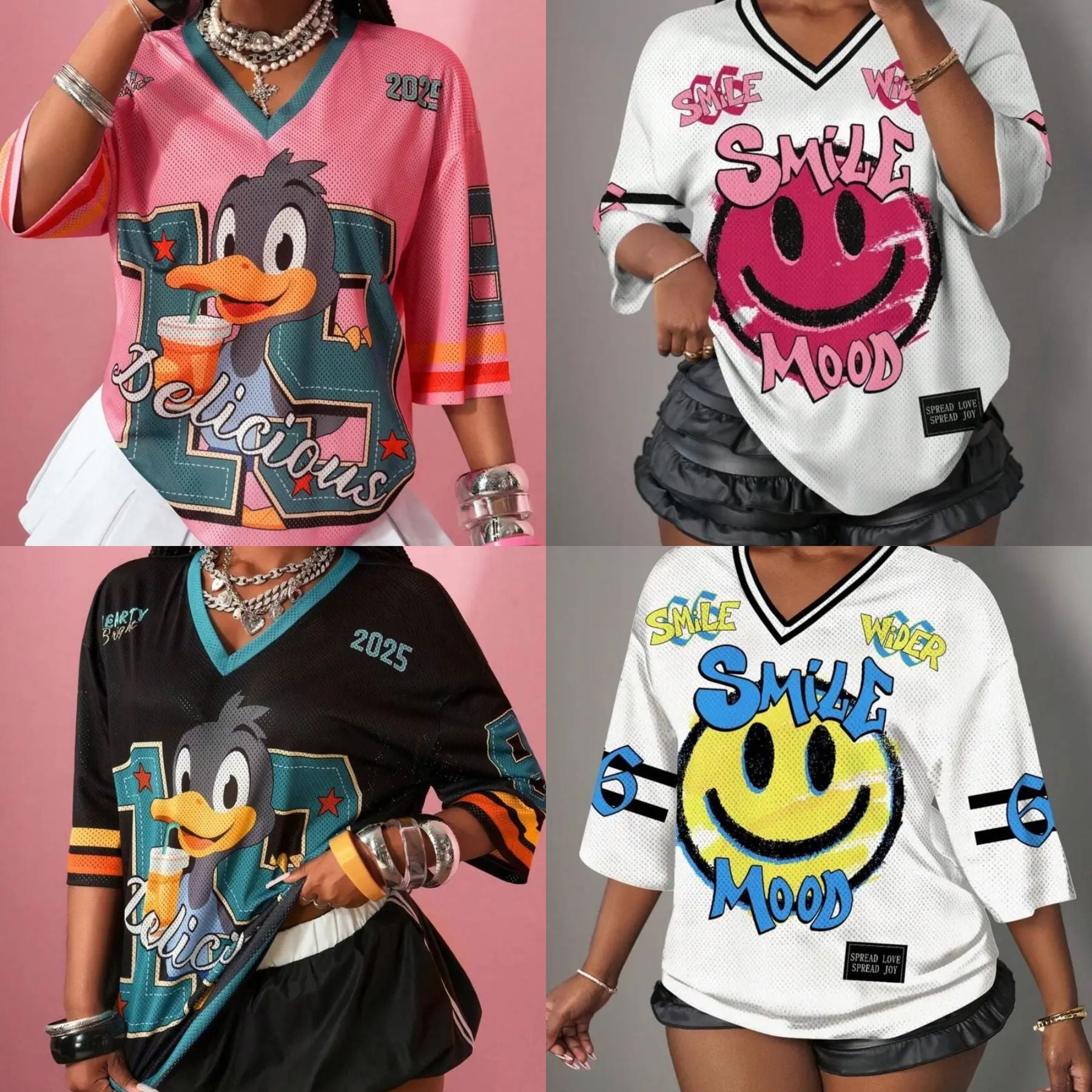 Hip-Hop Sporty Loose Mesh V-Neck Retro T-Shirt – Doll Drop Shoulder Short Sleeve Streetwear Tee-Pasimax