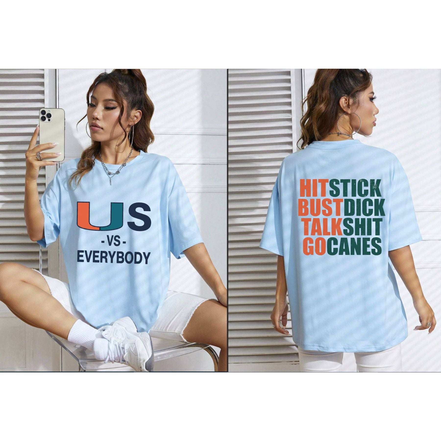 "Hit Stick Bust Dick Talk Shit" Miami Hurricanes Fan T-Shirt - Hard-Hitting U Football Tee, Sarcastic Miami Defense Graphic Shirt, Funny Hurricanes Tailgate Apparel-Pasimax