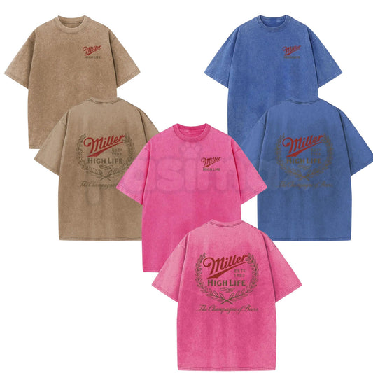 Holafish Miller High Life Acid Wash T-Shirt – Champagne of Beers Double-Sided Graphic Tee, Lightweight Retro Cotton Streetwear-Pasimax