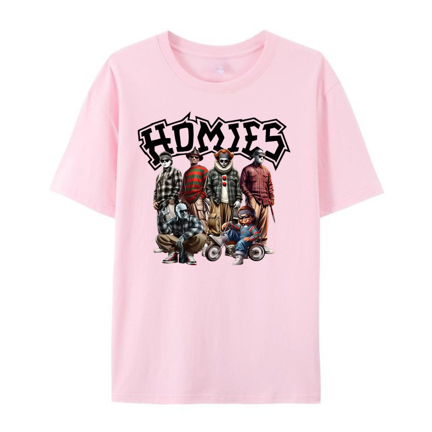 "Homies Horror" Movie Villains T-Shirt - Funny Chicano Lowrider Style Tee, Urban Halloween Streetwear-Pasimax