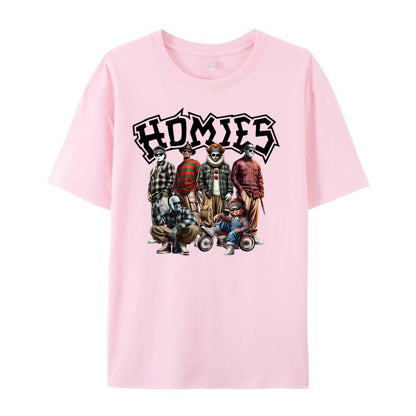 "Homies Horror" Movie Villains T-Shirt - Funny Chicano Lowrider Style Tee, Urban Halloween Streetwear-Pasimax