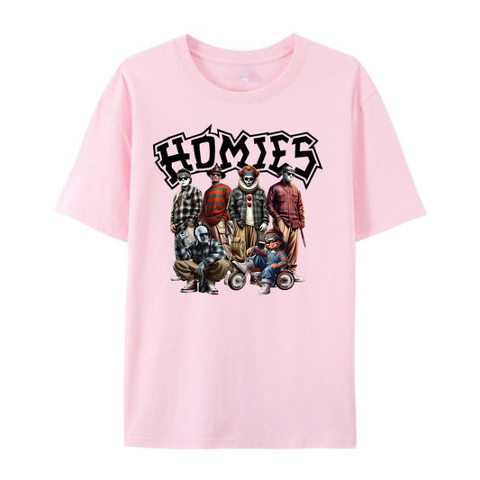 "Homies Horror" Movie Villains T-Shirt - Funny Chicano Lowrider Style Tee, Urban Halloween Streetwear-Pasimax