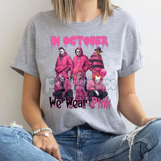 Horror "In October We Wear Pink" Shirt - Breast Cancer Awareness Movie Killer Graphic Tee, Funny Spooky Season Top-Pasimax