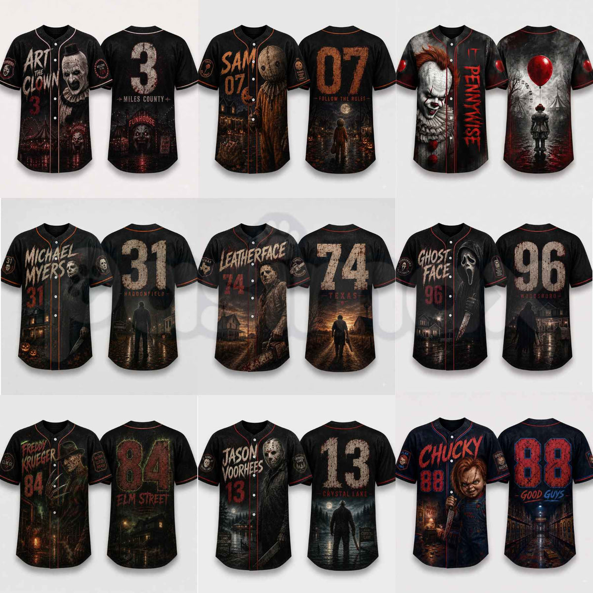 Horror Slasher Baseball Jersey – Gothic Halloween Button Front Shirt & Dark Character Graphic Top-Pasimax