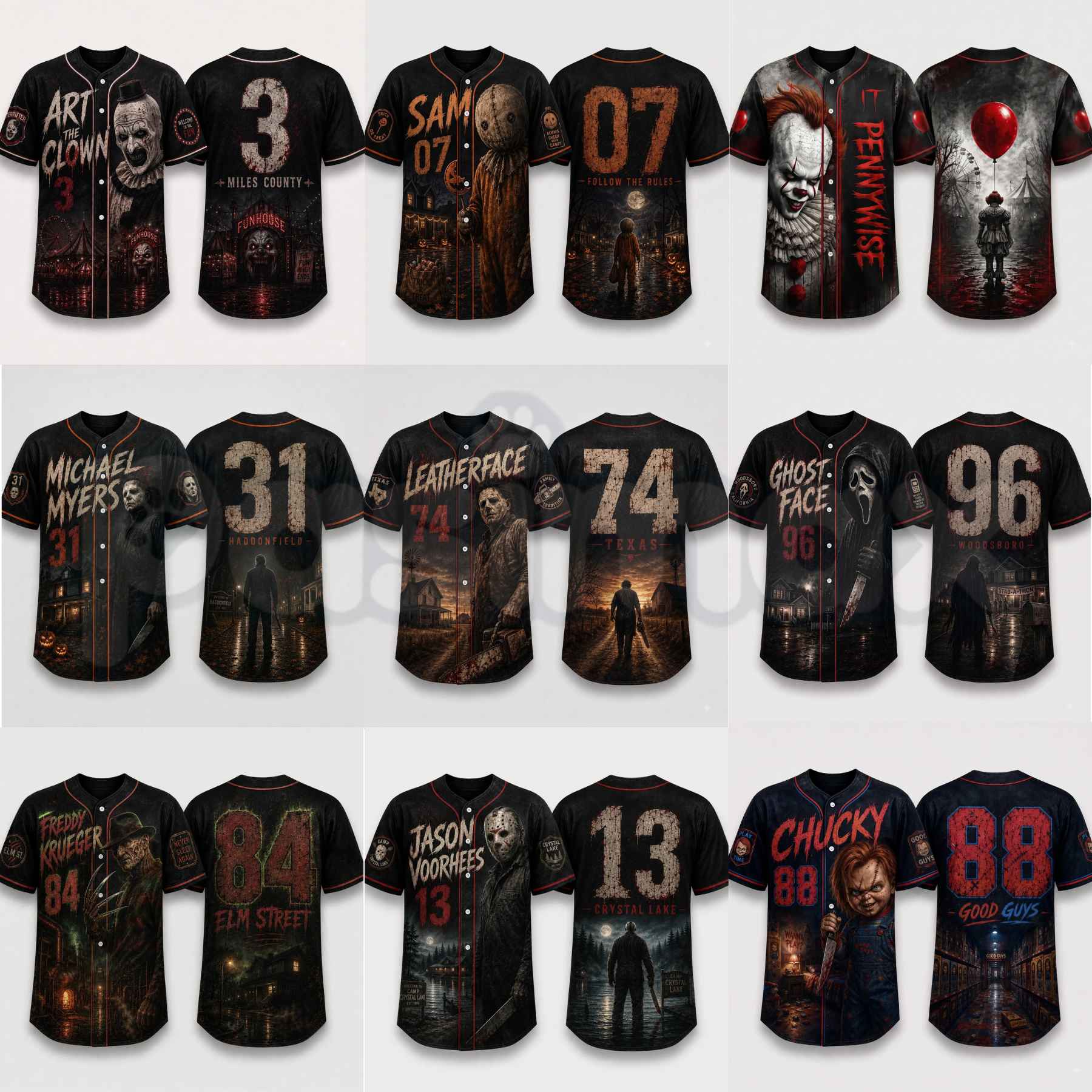 Horror Slasher Baseball Jersey – Gothic Halloween Button Front Shirt & Dark Character Graphic Top-Pasimax