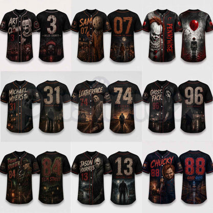 Horror Slasher Baseball Jersey – Gothic Halloween Button Front Shirt & Dark Character Graphic Top-Pasimax