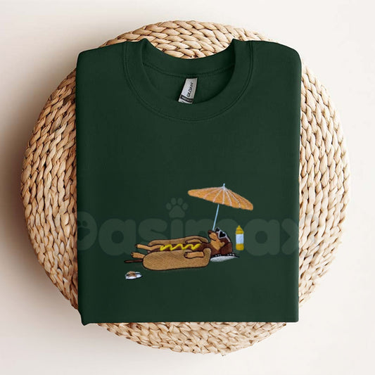 Hot Dog On Beach Dachshund T-Shirt – Embroidered Summer Tee, Funny Doxie Shirt for Beach Lovers & Dog Moms-Pasimax