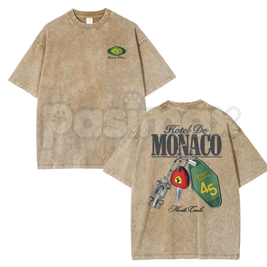 Hotel De Monaco Racing Poster T-Shirt – 90s Retro Grand Prix Graphic Tee, Vintage Washed Lightweight Cotton Motorsport Streetwear Top-Pasimax