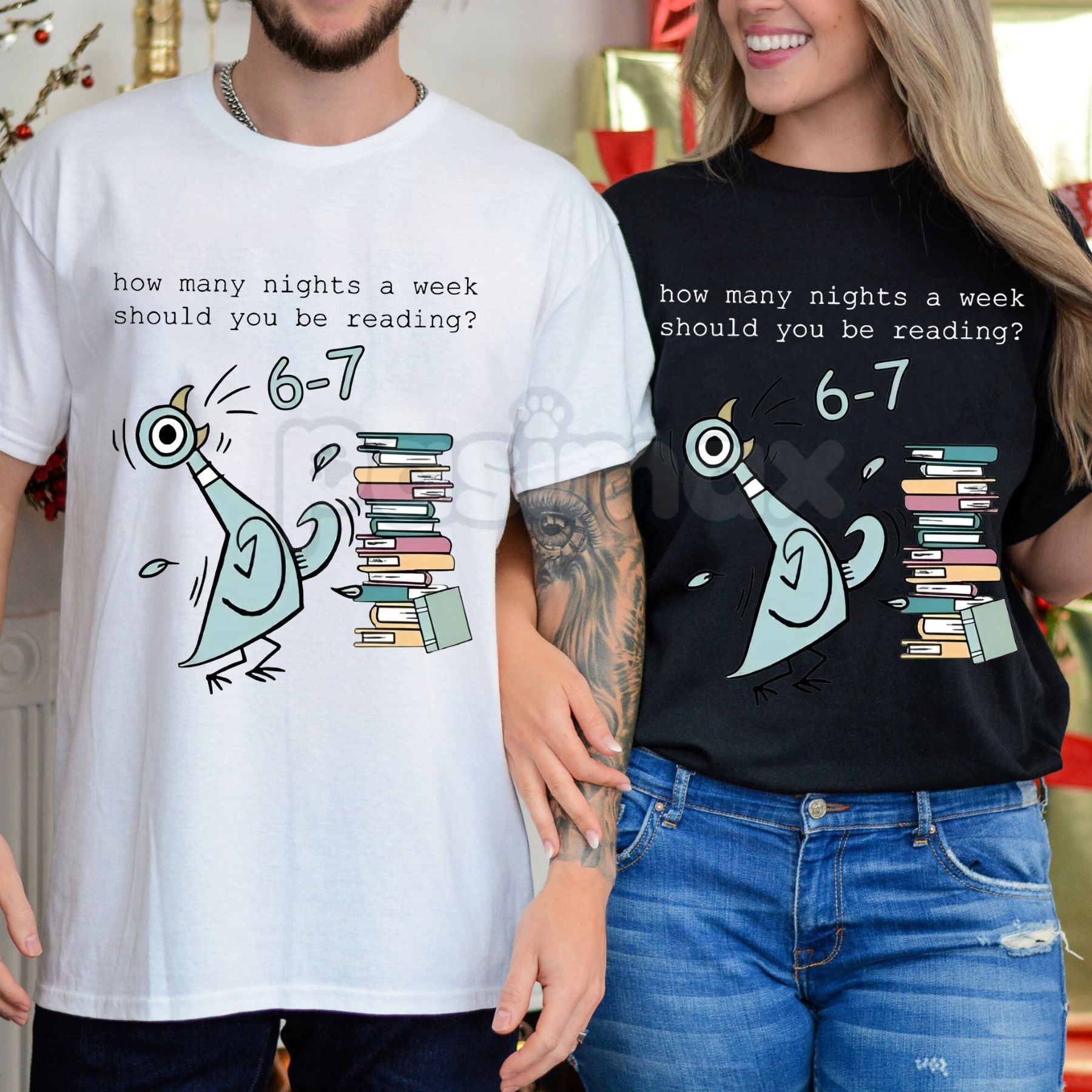 "How Many Nights A Week Should You Be Reading 6-7" Shirt - Pigeon Elephant Piggie Children's Books Tee, Funny Reading Slogan, Mo Willems Fan Gift-Pasimax