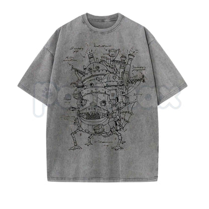 Howl's Moving Castle T-Shirt – Retro Studio Ghibli Graphic Tee, Vintage Washed Anime Lightweight Cotton Unisex Manga Top-Pasimax