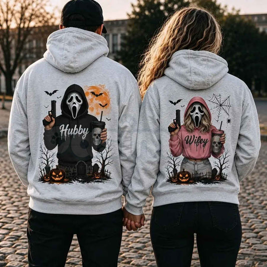 Hubby Wifey Halloween Spooky Season Couple Matching Hoodies – Retro Skeleton Graphic Pullover, Cute Romantic Spooky Season Sweatshirts-Pasimax