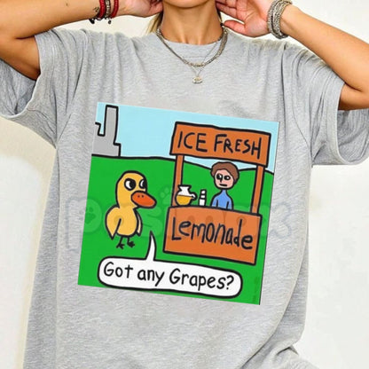 Humorous Duck "Got Any Grapes?" T-Shirt - Funny Viral Internet Meme Graphic Tee, Premium 100% Cotton Lemonade Stand Top, Cute Sarcastic Duck & Grapes Shirt, Nostalgic Web Animation Gift, Soft Lived-In Unisex Casual Apparel-Pasimax