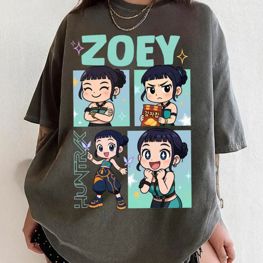 Huntrix Demon Hunter Zoey Chibi T-Shirt - K-Pop Demon Hunters Rumi Mira Joey Tee, Vintage Fan Merch Gift-Pasimax