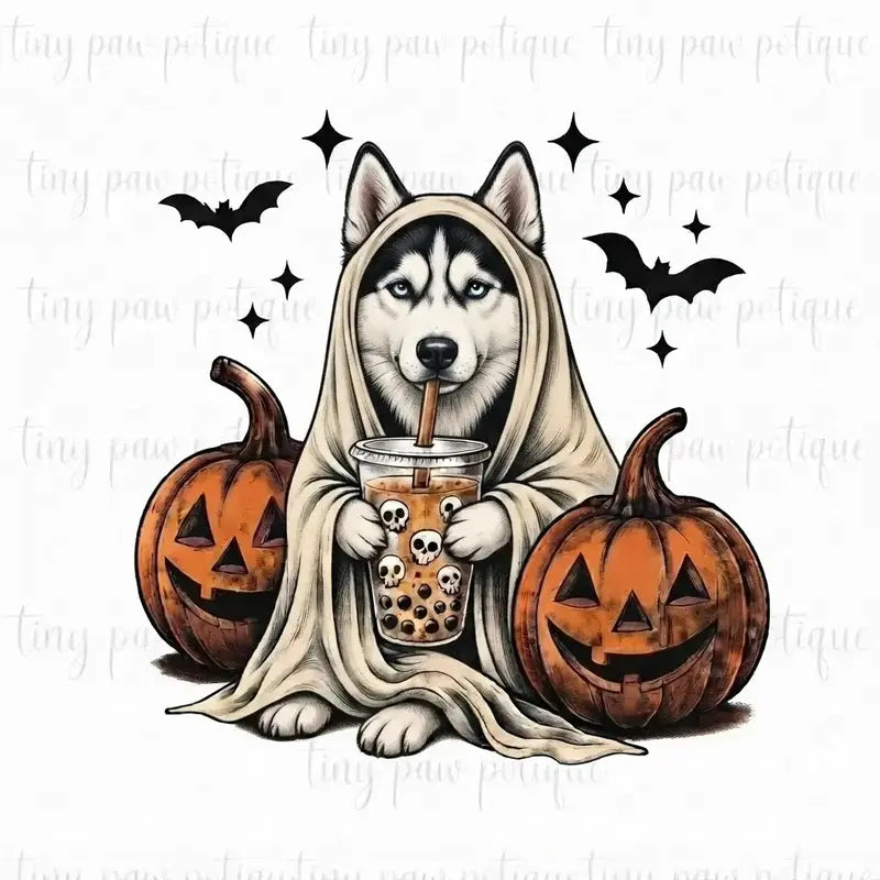 Comfort Colors® Custom Ghost & Boba Tea Halloween Dog T-Shirt – Spooky Season Bubble Tea Graphic Tee, Cute Ghost Dog Unisex Top & Gift