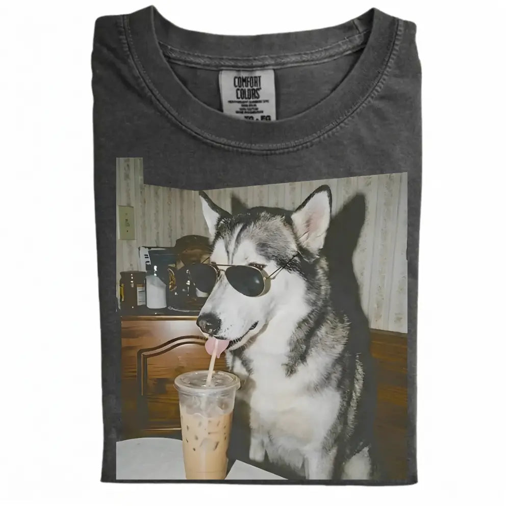 Comfort Colors® Custom Dog Breeds Drinking Iced Coffee T-Shirt – Vintage 90s Funny Edgy Dog Meme Tee, Aesthetic Coffee Lover Dog Mom Gift Shirt