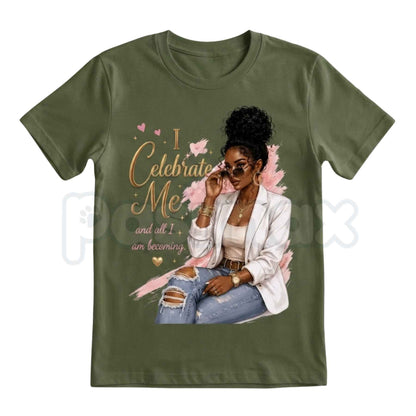 I Celebrate Me T-Shirt – Metallic Gold Typography Self-Love Inspiration Unisex Cotton Tee-Pasimax
