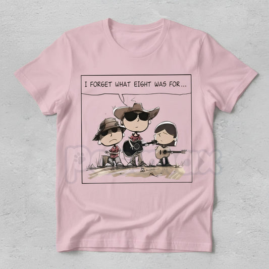 "I FORGET WHAT EIGHT WAS FOR" Funny Cartoon Cowboy Band T-Shirt - Absurdist Quote Meme Tee, Western Humor Statement Shirt, Niche Comedy Apparel-Pasimax