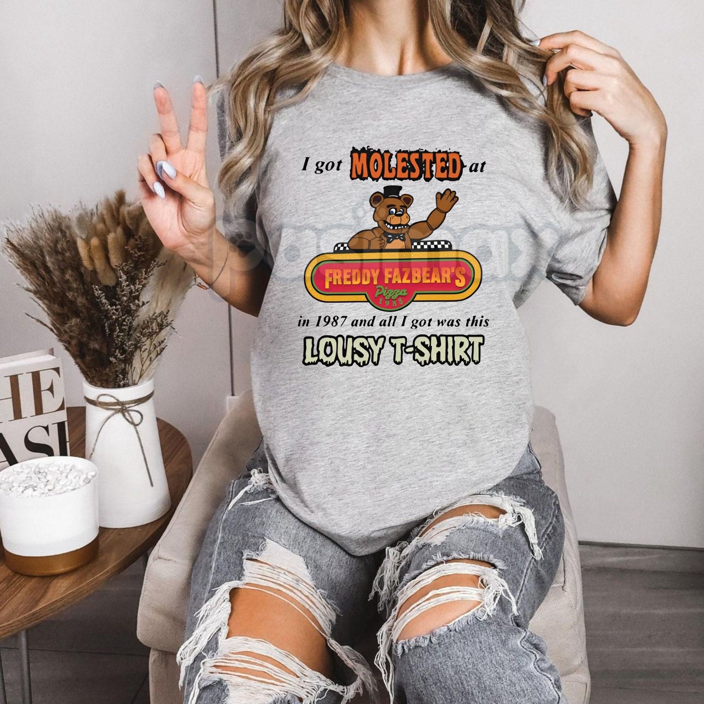 "I Got Molested At Freddy Fazbear's" Dark Humor T-Shirt - Bold and Dark Horror Design, FNAF Meme Slogan Tee, Edgy Gaming Apparel-Pasimax