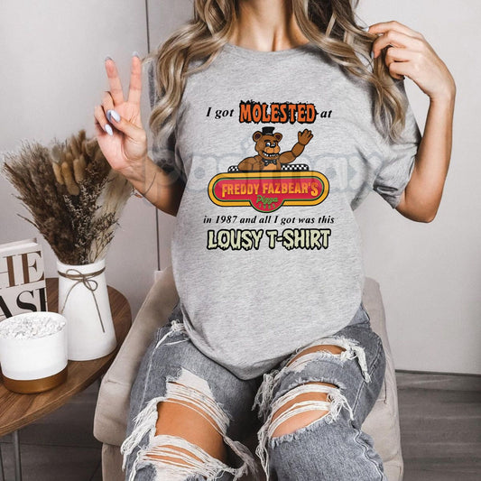 "I Got Molested At Freddy Fazbear's" Dark Humor T-Shirt - Bold and Dark Horror Design, FNAF Meme Slogan Tee, Edgy Gaming Apparel-Pasimax