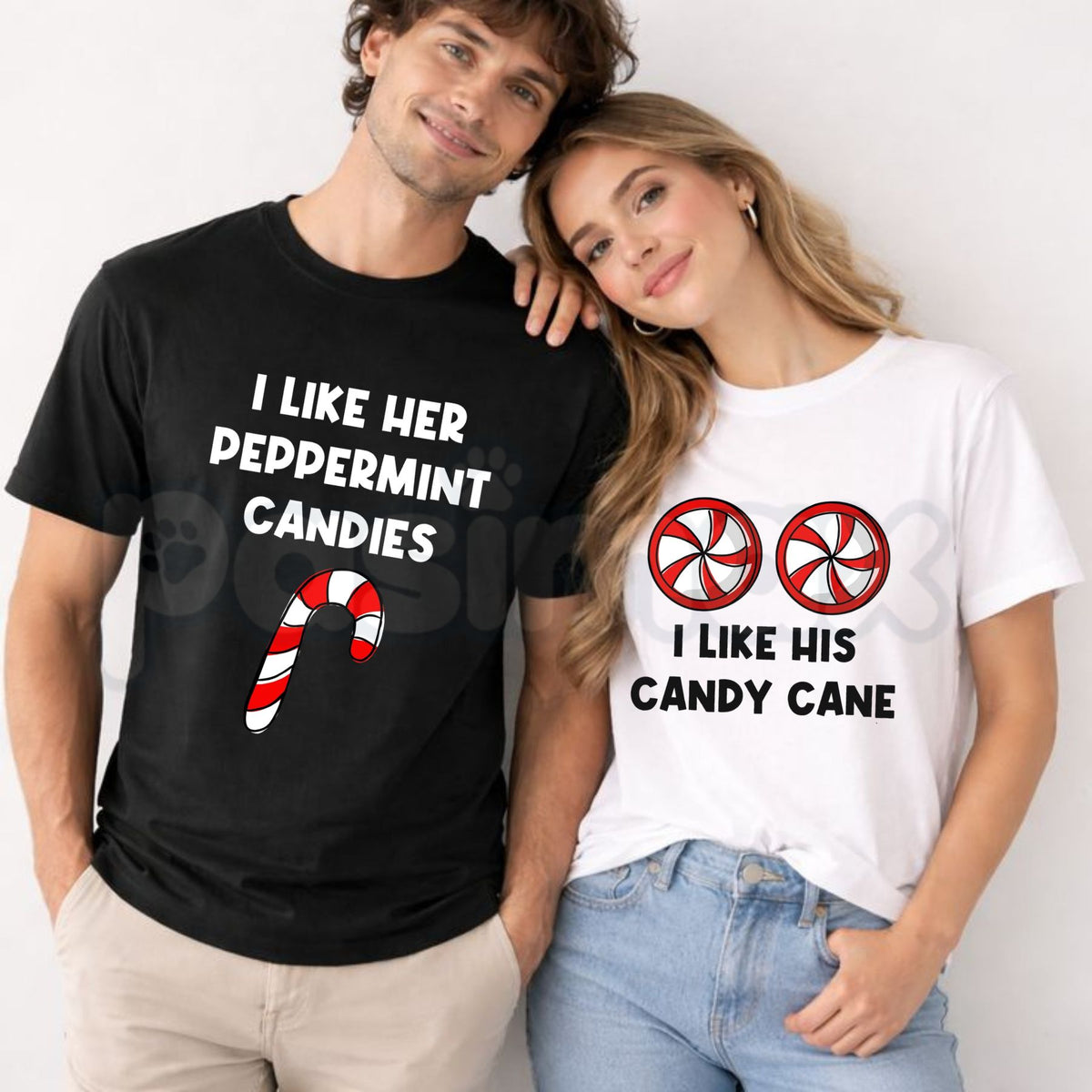 I Like Her Peppermint Candies & I Like His Candy Cane T-Shirts – Funny Christmas Couples Matching Holiday Graphic Tees-Pasimax