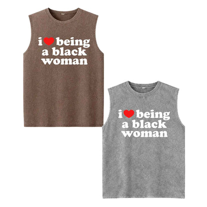 I Love Being A Black Woman Tank Top – Retro Black Girl Magic Graphic Top, Vintage Washed Lightweight Cotton Empowerment Unisex Tank-Pasimax