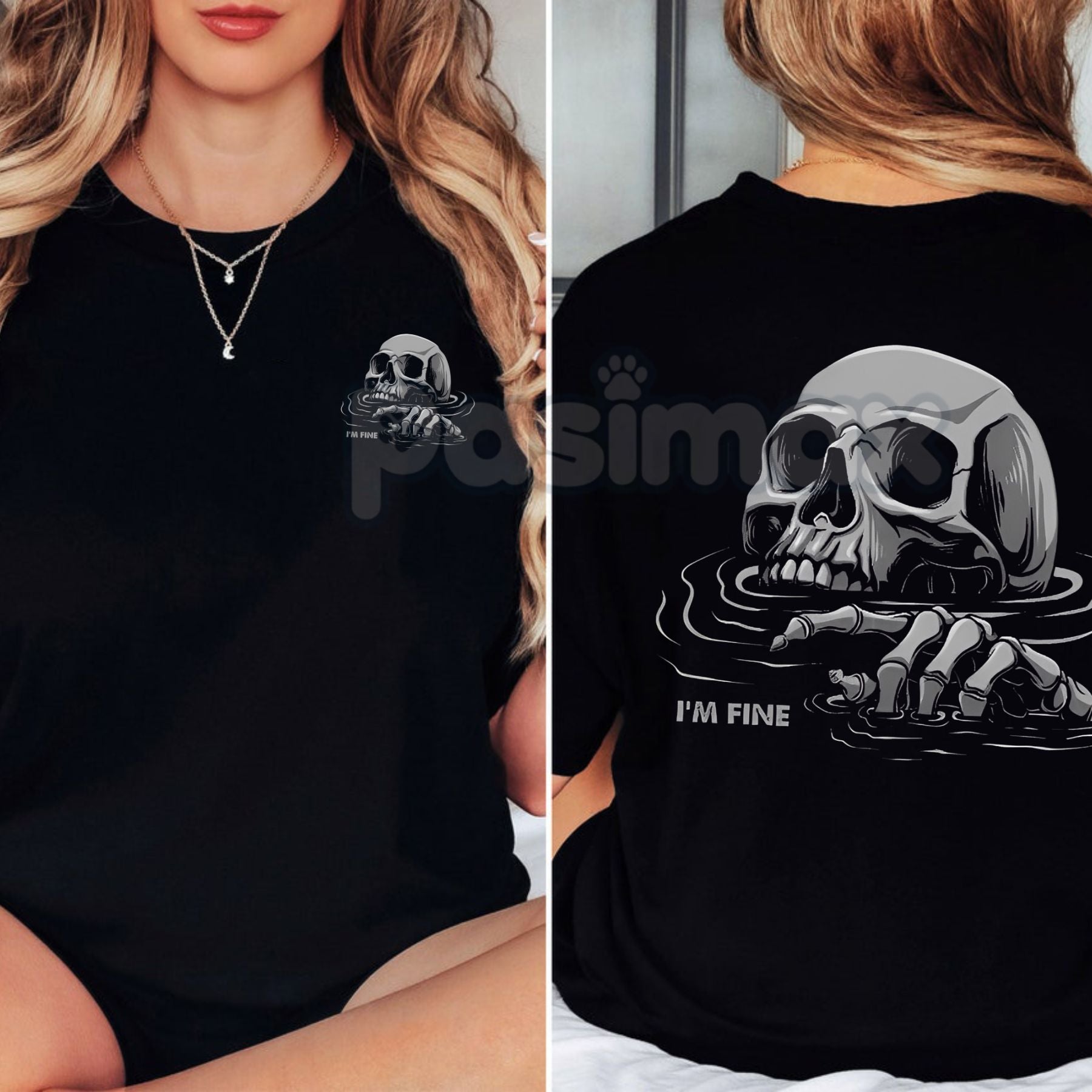 "I'M FINE" Drowning Skull Black Print T-Shirt - Gothic Humor Graphic Tee, Sarcastic Men's Apparel, Dark Aesthetic Skull Shirt-Pasimax