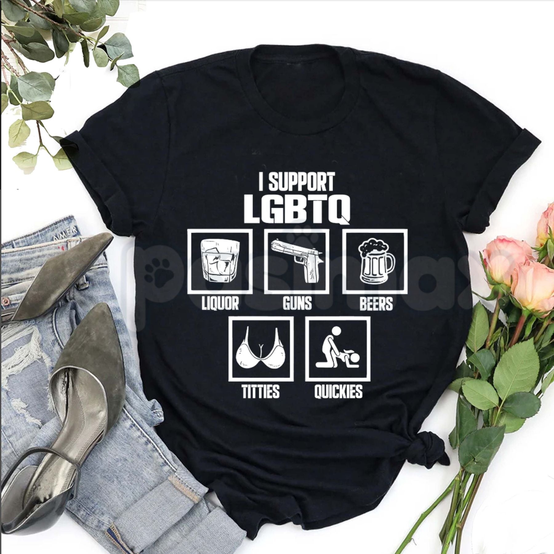 "I Support LGBTQ" Funny Acronym T-Shirt – Liquor Guns Bacon Titties Quickies Tee, Premium 100% Cotton Sarcastic Beer & Bacon Top, Soft Lived-In Heavyweight Rowdy Meme Shirt, Made in USA-Pasimax