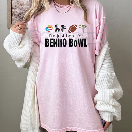 "I'm Just Here for the Benito Bowl" T-Shirt - Bad Bunnie Halftime Show 2026 Tee, Funny Football Sunday Graphic Shirt, Benito Fan Game Day Apparel, Reggaeton Music Lover Merch-Pasimax