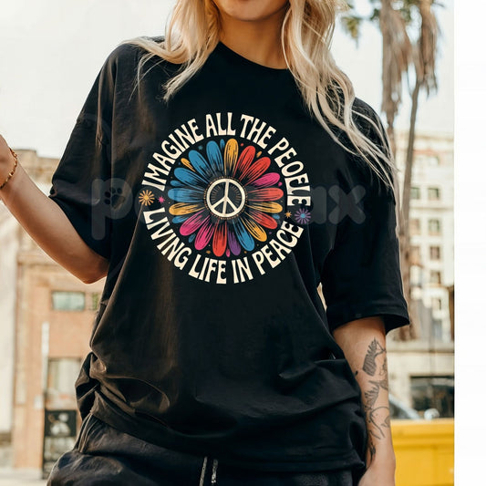 "Imagine All the People Living Life in Peace" T-Shirt - John Lennon Inspired Peace Tee, Humanitarian Graphic Shirt, Unity & Kindness Statement Apparel, Vintage Peace Sign Streetwear-Pasimax