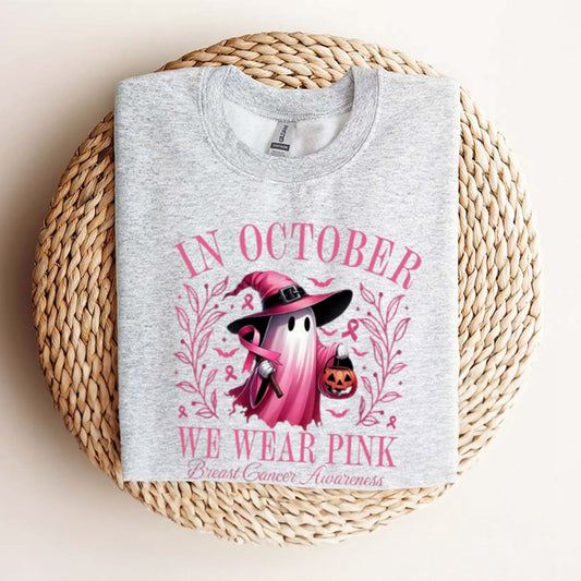 In October We Wear Pink Ghost T-Shirt - Breast Cancer Awareness & Halloween Tee, Pink Ribbon Shirt-Pasimax