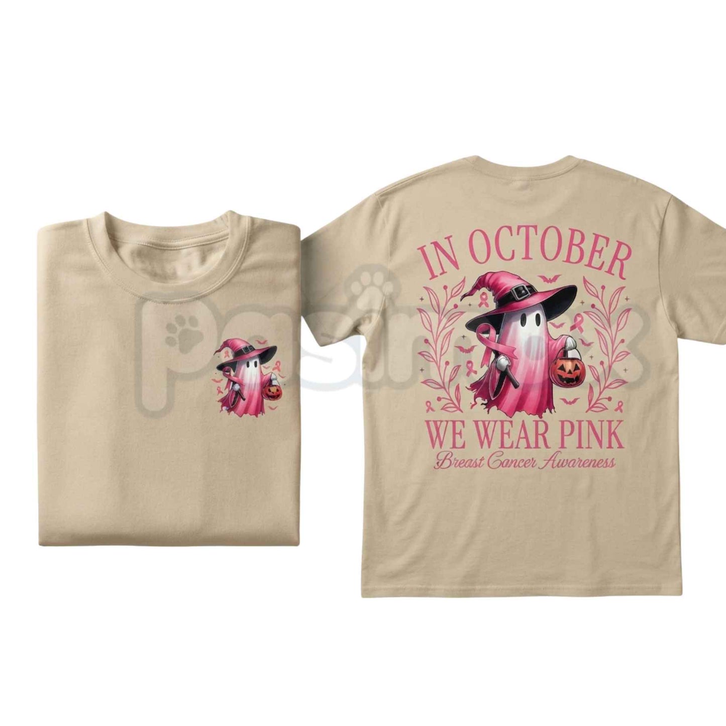 In October We Wear Pink Ghost T-Shirt – Breast Cancer Awareness Halloween Unisex Cotton Tee-Pasimax