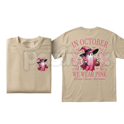In October We Wear Pink Ghost T-Shirt – Breast Cancer Awareness Halloween Unisex Cotton Tee-Pasimax