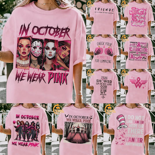 "In October We Wear Pink" Horror T-Shirt - Halloween Breast Cancer Awareness Tee, Cancer Survivor Support Squad Shirt-Pasimax