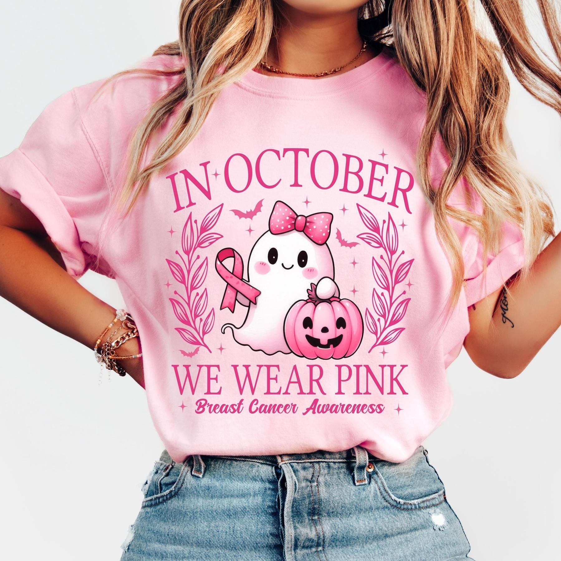 In October We Wear Pink T-Shirt - Retro Breast Cancer Awareness Tee, Halloween Pink Ghost Shirt-Pasimax
