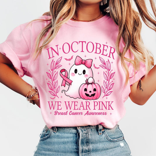 In October We Wear Pink T-Shirt - Retro Breast Cancer Awareness Tee, Halloween Pink Ghost Shirt-Pasimax