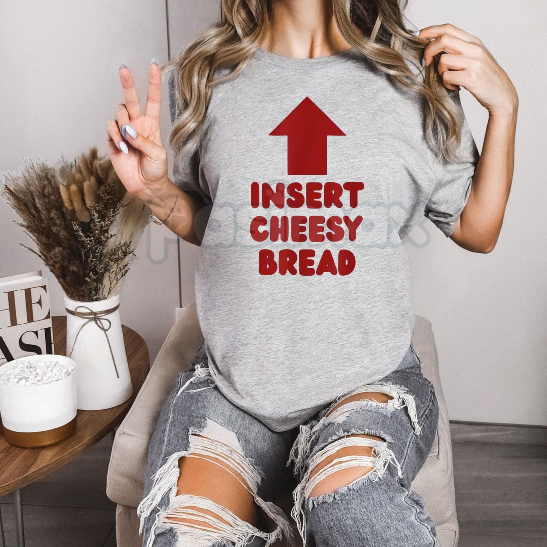 "Insert Cheesy Bread" Pointing Arrow T-Shirt - Funny Foodie Graphic Tee, Cheese Lover Humor Shirt, Gag Gift for Pizza Enthusiasts & Carb Lovers-Pasimax
