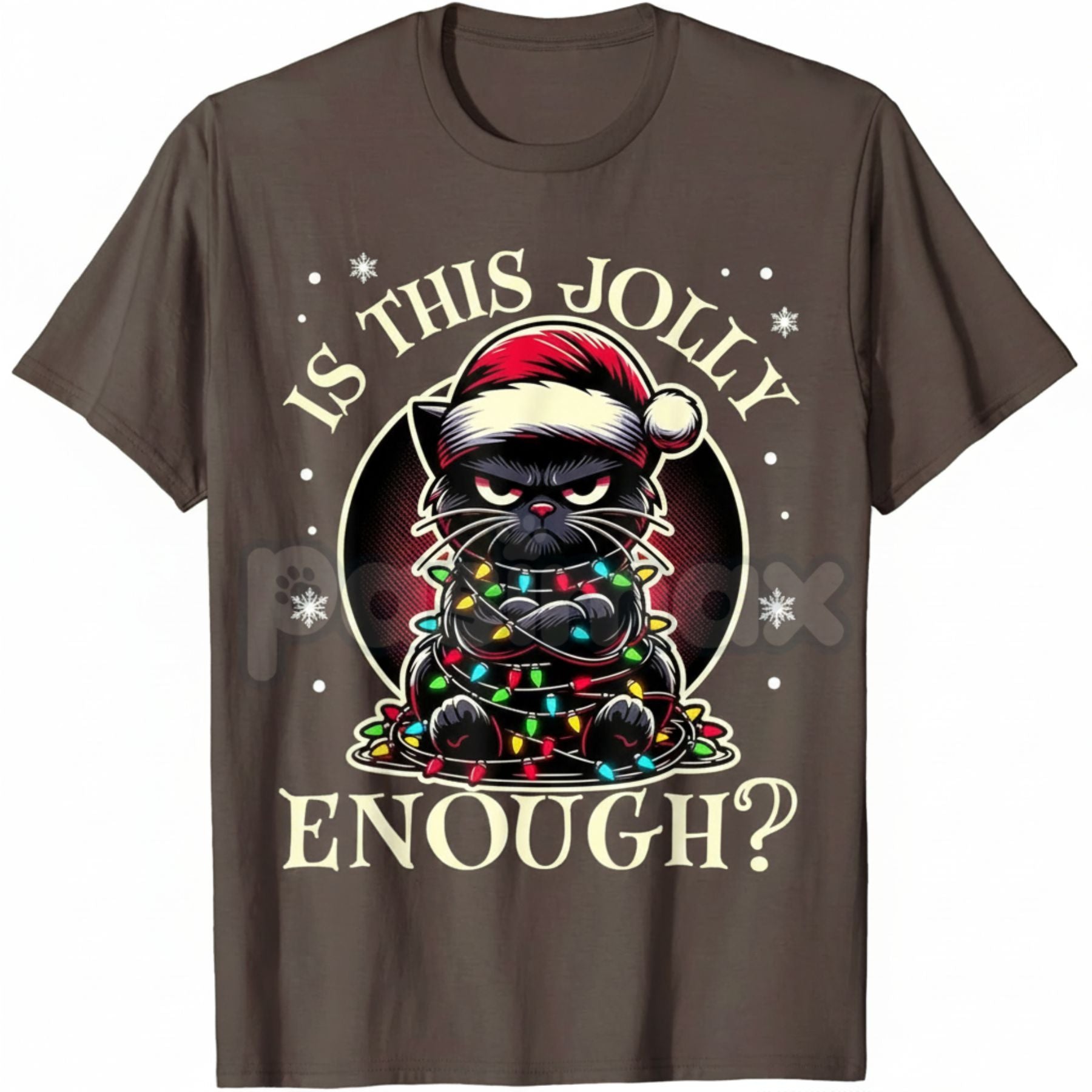 "Is This Jolly Enough" Funny Black Cat Christmas T-Shirt - Cat Tangled in Lights Meme Tee, Sarcastic Holiday Pet Owner Gift, Feline Christmas Chaos Apparel-Pasimax