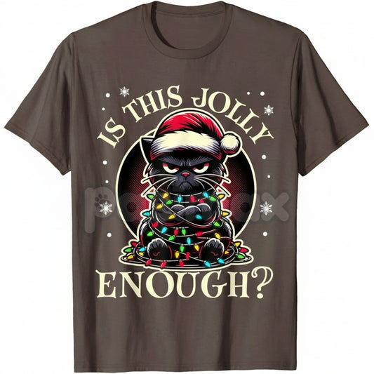 "Is This Jolly Enough" Funny Black Cat Christmas T-Shirt - Cat Tangled in Lights Meme Tee, Sarcastic Holiday Pet Owner Gift, Feline Christmas Chaos Apparel-Pasimax